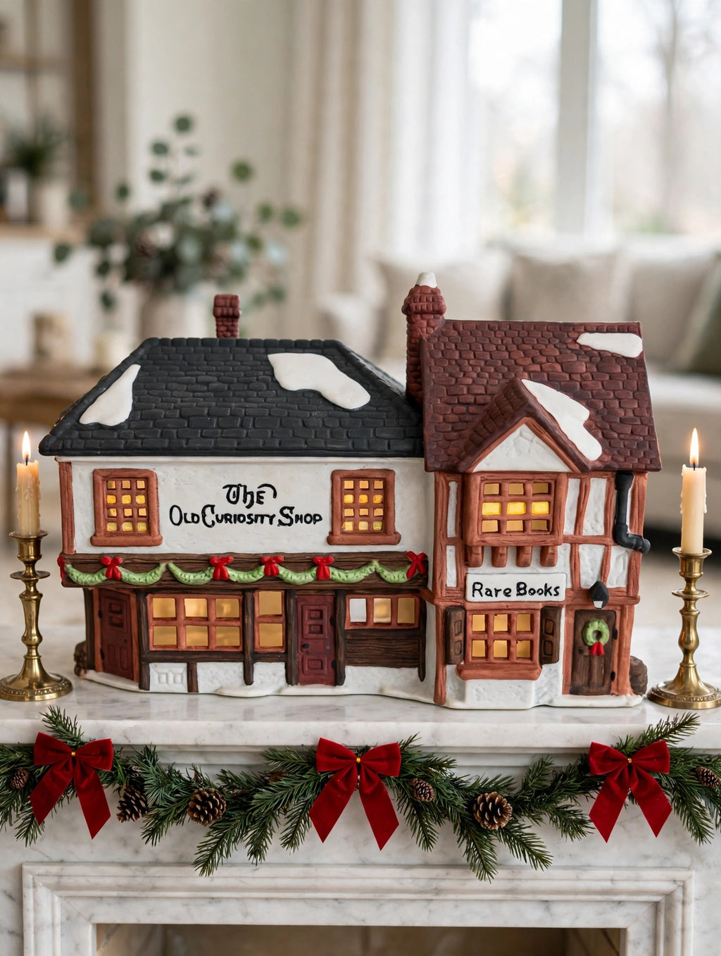 Department 56 Dickens' Village The Old Curiosity Shop #5905-6 — styled Christmas mantel display (display inspiration)
