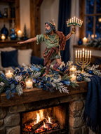 Judah Maccabee displayed on a fireplace mantel with garland, candles and a lit menorah - display inspiration