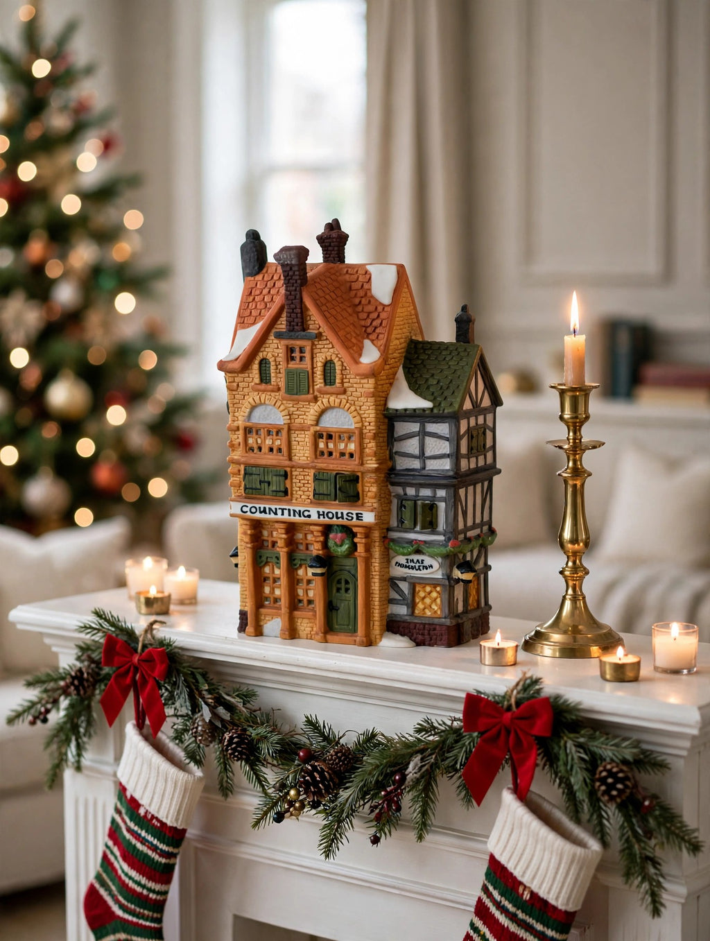 Silas Thimbleton Barrister Counting House in a styled fireplace mantel Christmas display (display inspiration; only the building is included)
