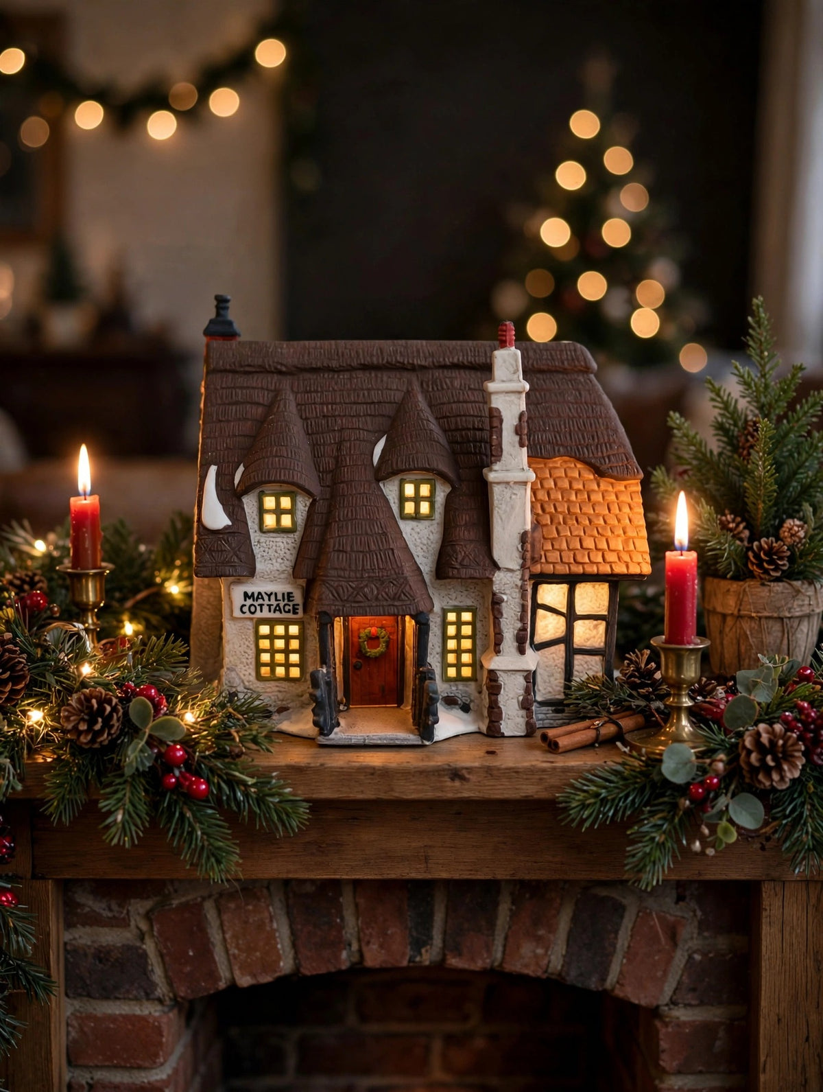 Department 56 Dickens' Village Maylie Cottage #5553-0, Oliver Twist — styled scene: lit on a Christmas mantel with garland and red candles (display inspiration)