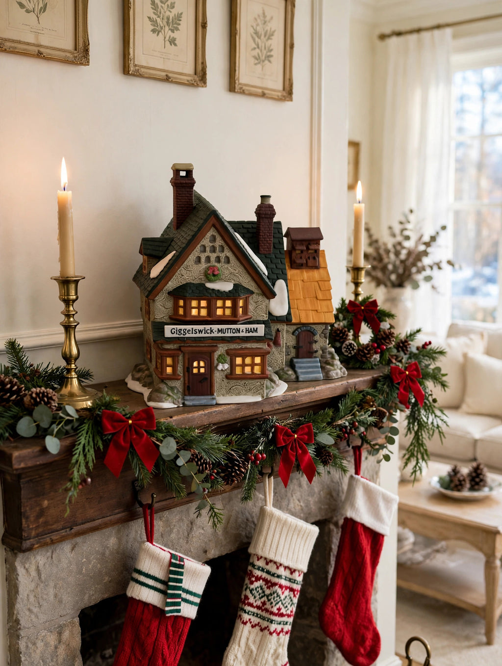 Giggelswick Mutton & Ham in a styled fireplace mantel Christmas display with garland, candlesticks and stockings (display inspiration; only the building is included)