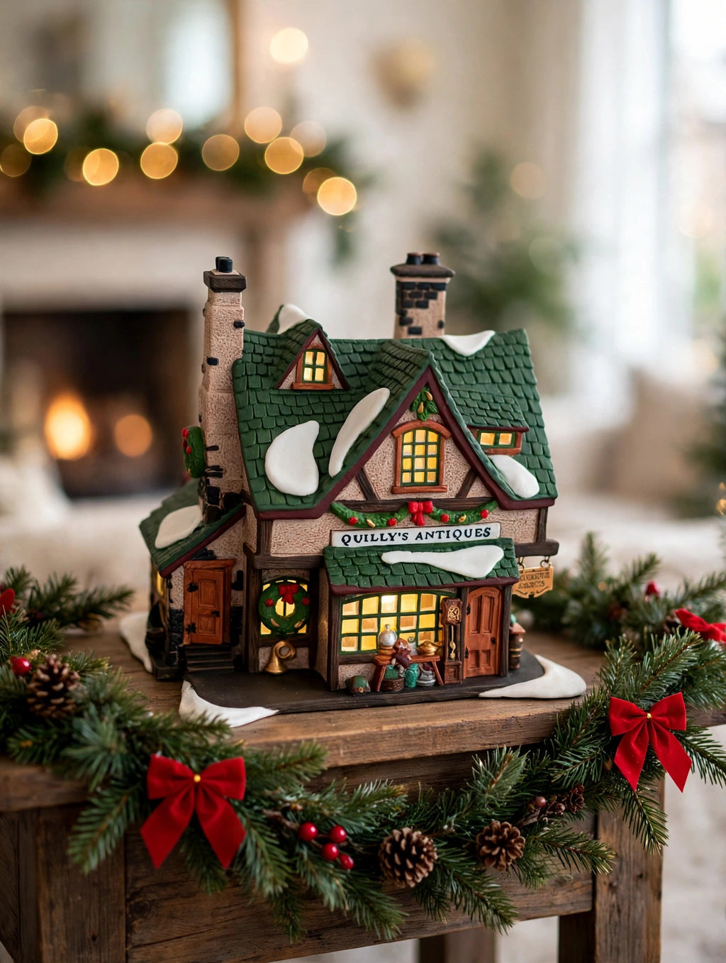 Styled photo - Quilly's Antiques on a fireplace mantel (display inspiration)