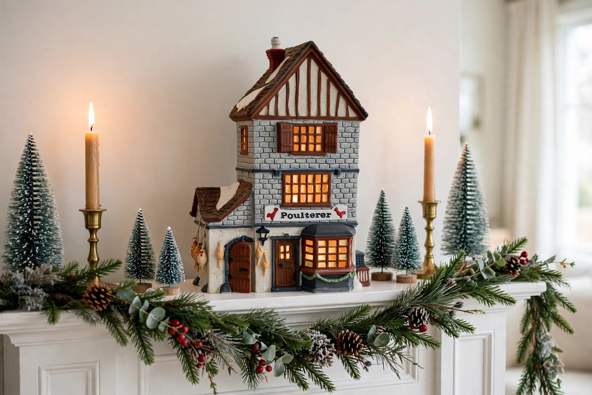 Department 56 Dickens' Village Poulterer 1988 lighted porcelain poultry shop — styled scene: on a white mantel with garland and bottle-brush trees (display inspiration)