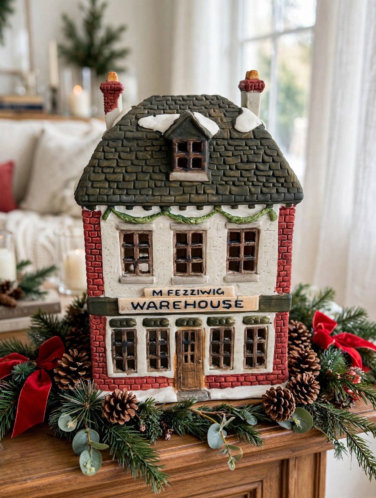 Department 56 M. Fezziwig Warehouse, Dickens' Village, 1986 – shown on a bright Christmas mantel with garland and pine cones (styled display inspiration)