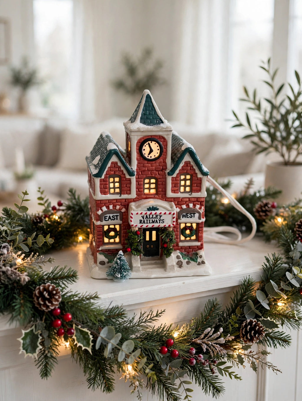 Valley Railways station styled on a Christmas mantel with garland and string lights — styled scene, display inspiration only (enhanced photo)