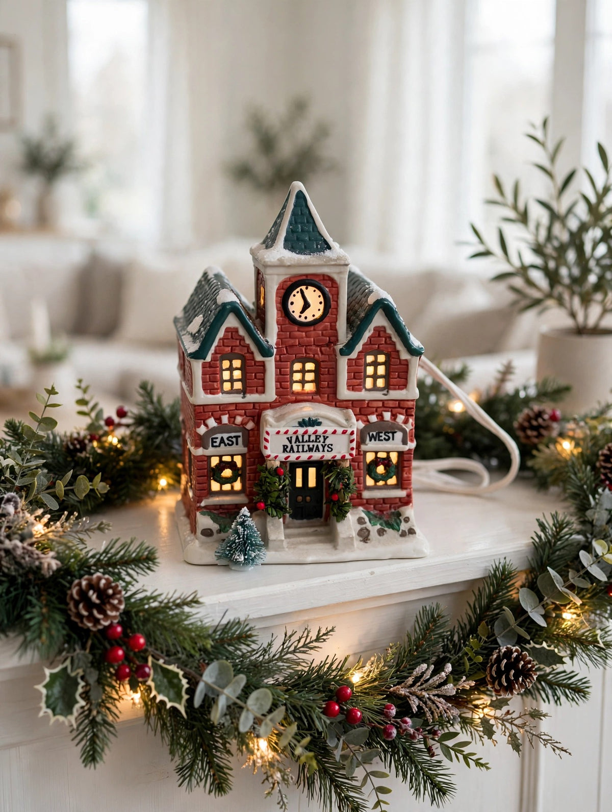 Valley Railways station styled on a Christmas mantel with garland and string lights — styled scene, display inspiration only (enhanced photo)