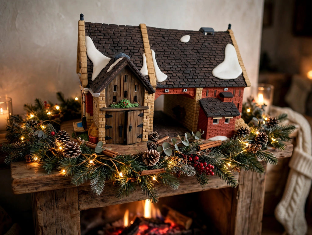 Department 56 Dickens' Village Butter Tub Barn #58338 – shown on a Christmas mantel with garland, pine cones and fairy lights (styled display inspiration)