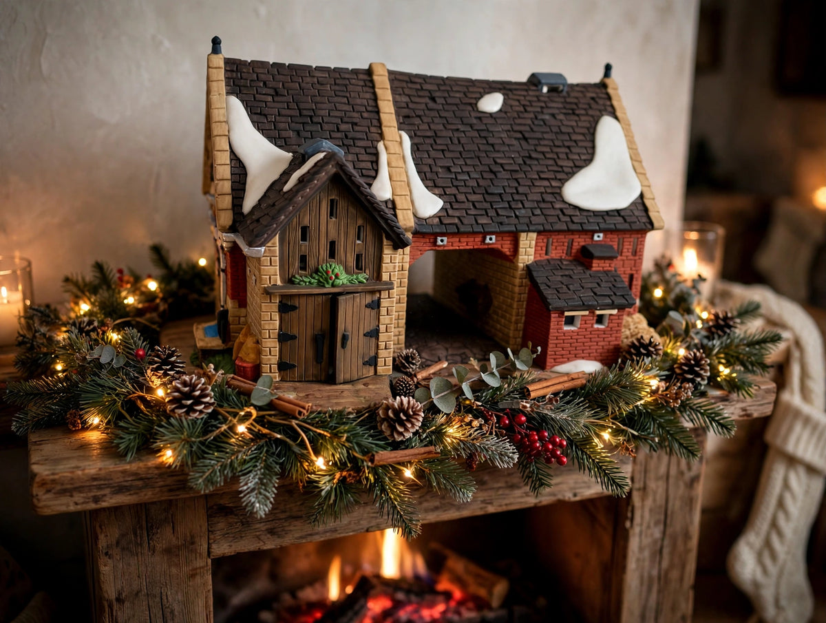 Department 56 Dickens' Village Butter Tub Barn #58338 – shown on a Christmas mantel with garland, pine cones and fairy lights (styled display inspiration)