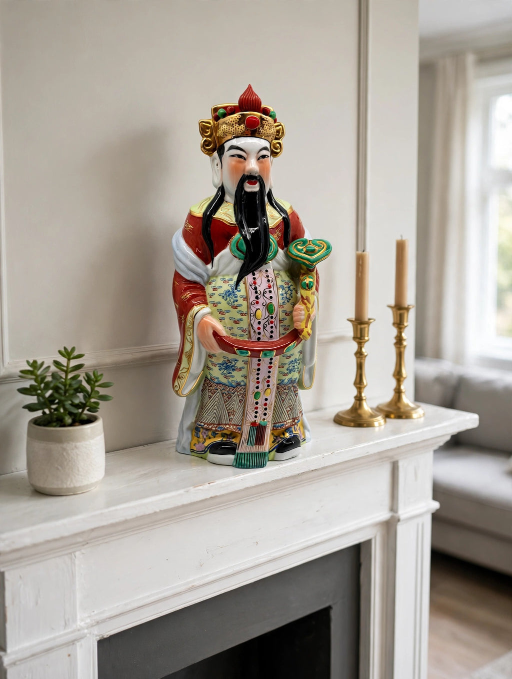 Vintage Chinese porcelain Lu Xing prosperity god statue, Taiwan — styled scene: on a white fireplace mantel with brass candlesticks (display inspiration)