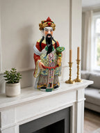 Vintage Chinese porcelain Lu Xing prosperity god statue, Taiwan — styled scene: on a white fireplace mantel with brass candlesticks (display inspiration)