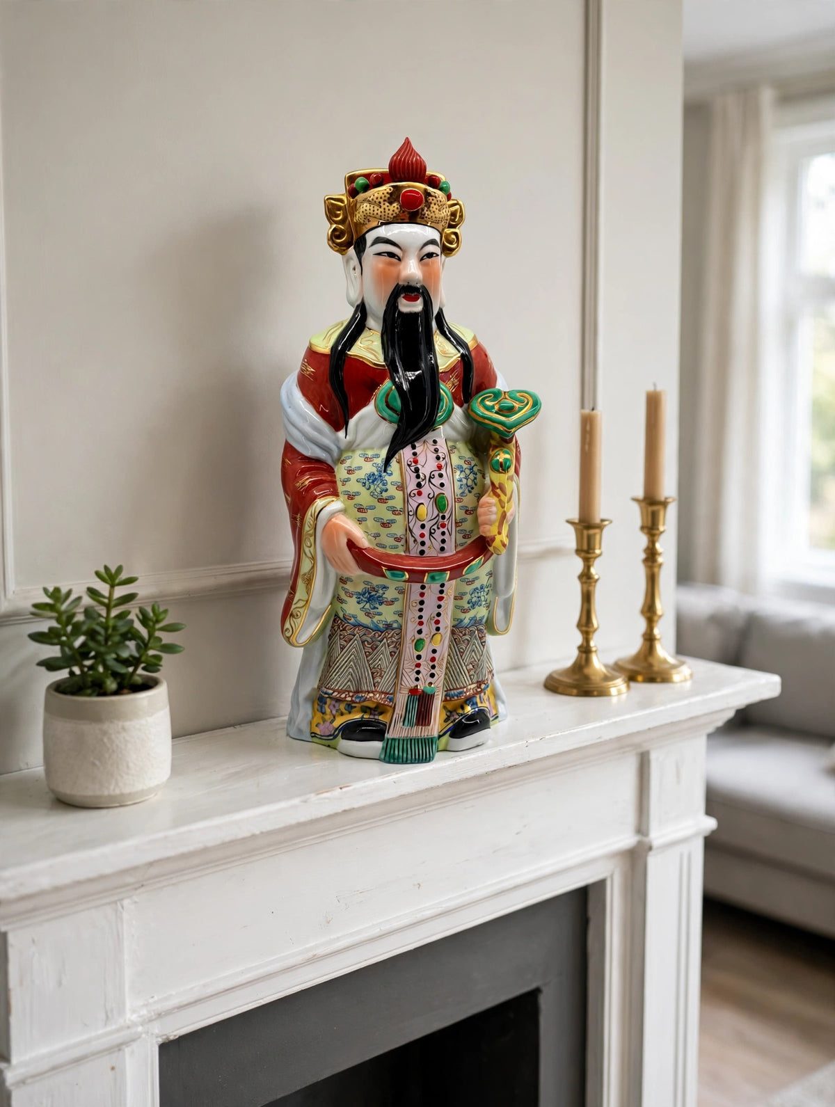 Vintage Chinese porcelain Lu Xing prosperity god statue, Taiwan — styled scene: on a white fireplace mantel with brass candlesticks (display inspiration)