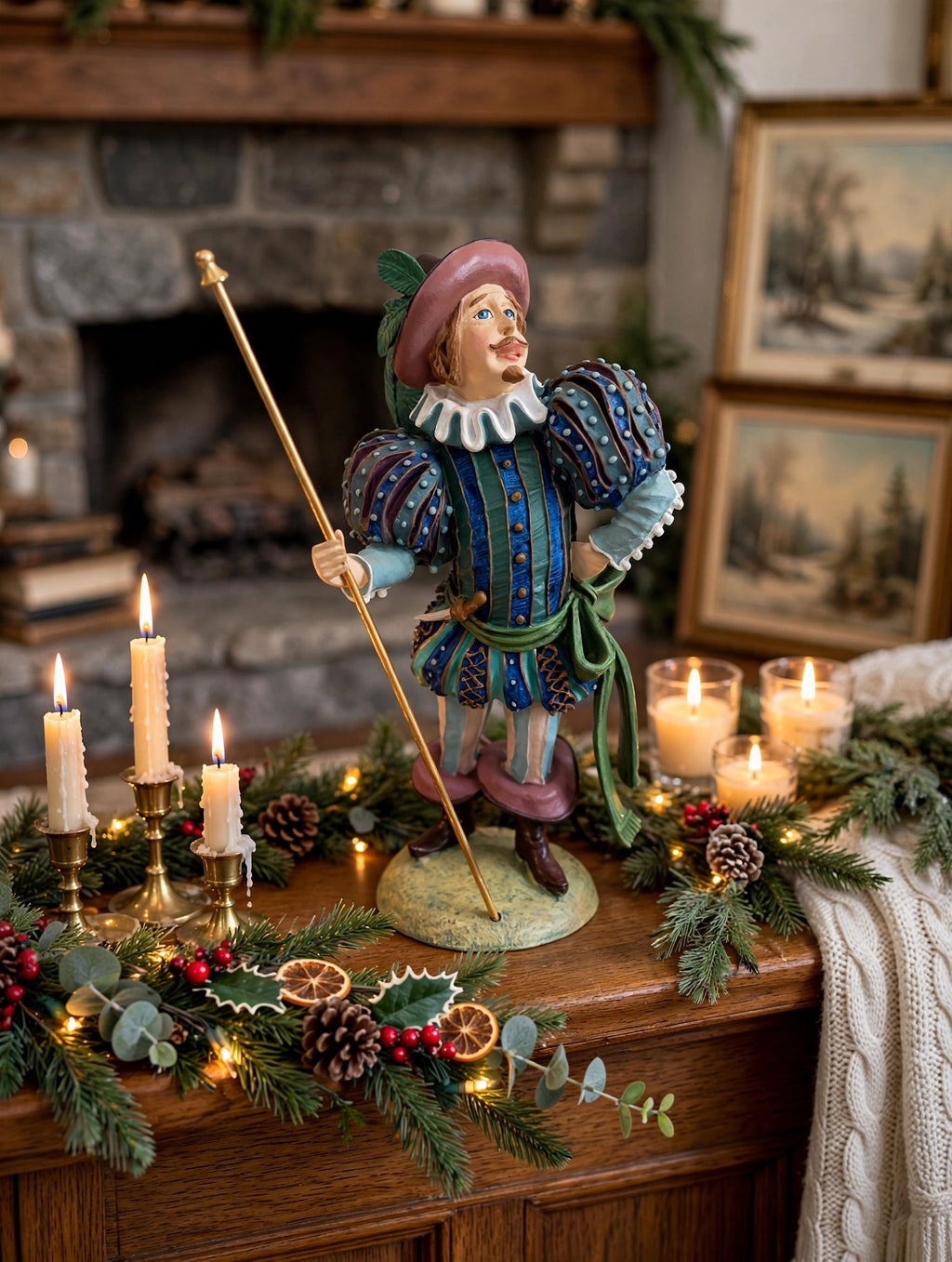 Lord of Misrule displayed on a fireplace mantel with Christmas garland and candles - display inspiration