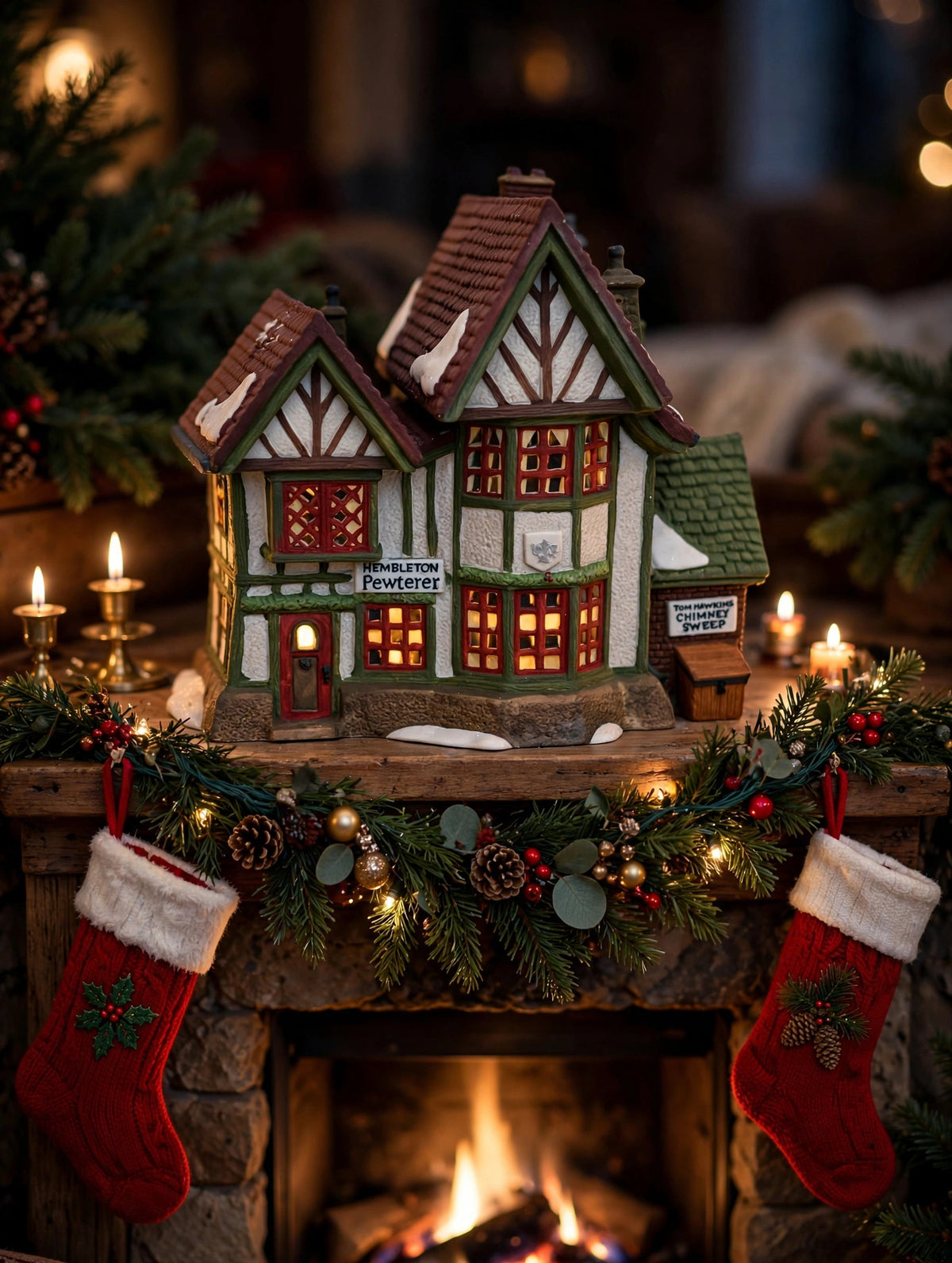 Department 56 Dickens' Village Hembleton Pewterer 1992 #5800-9 – styled display inspiration: shown on a Christmas fireplace mantel with garland, stockings and candles
