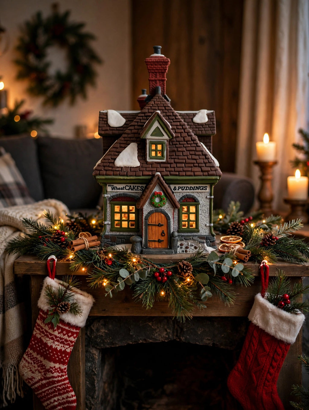 Wm. Wheat Cakes & Puddings #5808-7 — styled Christmas mantel display, display inspiration