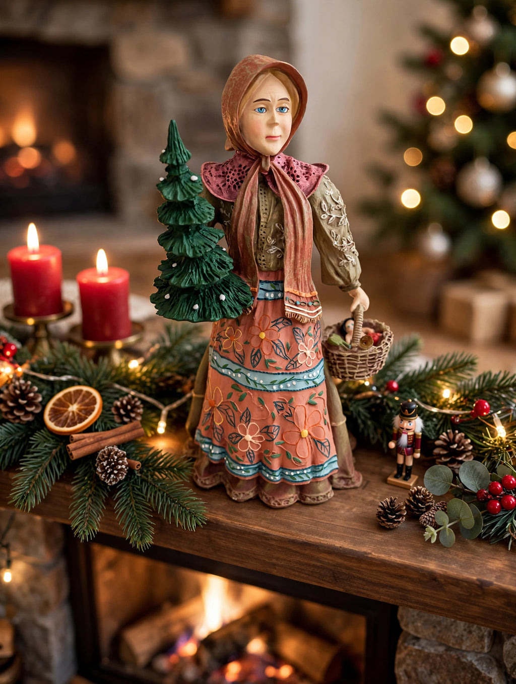 Babouska displayed on a Christmas fireplace mantel with garland and candles (styled display inspiration)