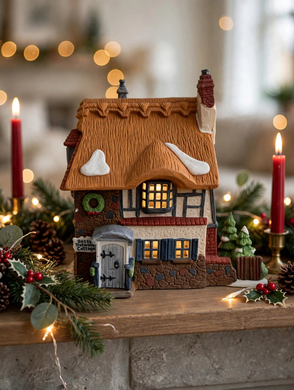 Department 56 Dickens' Village Betsy Trotwood's Cottage #5550-6, David Copperfield — styled scene: lit on a Christmas mantel with garland and red candles (display inspiration)
