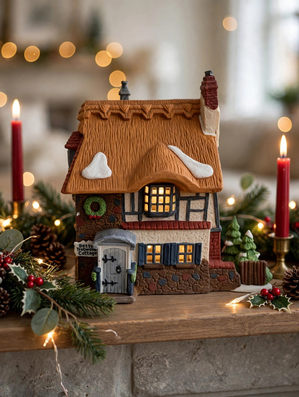 Department 56 Dickens' Village Betsy Trotwood's Cottage #5550-6, David Copperfield — styled scene: lit on a Christmas mantel with garland and red candles (display inspiration)