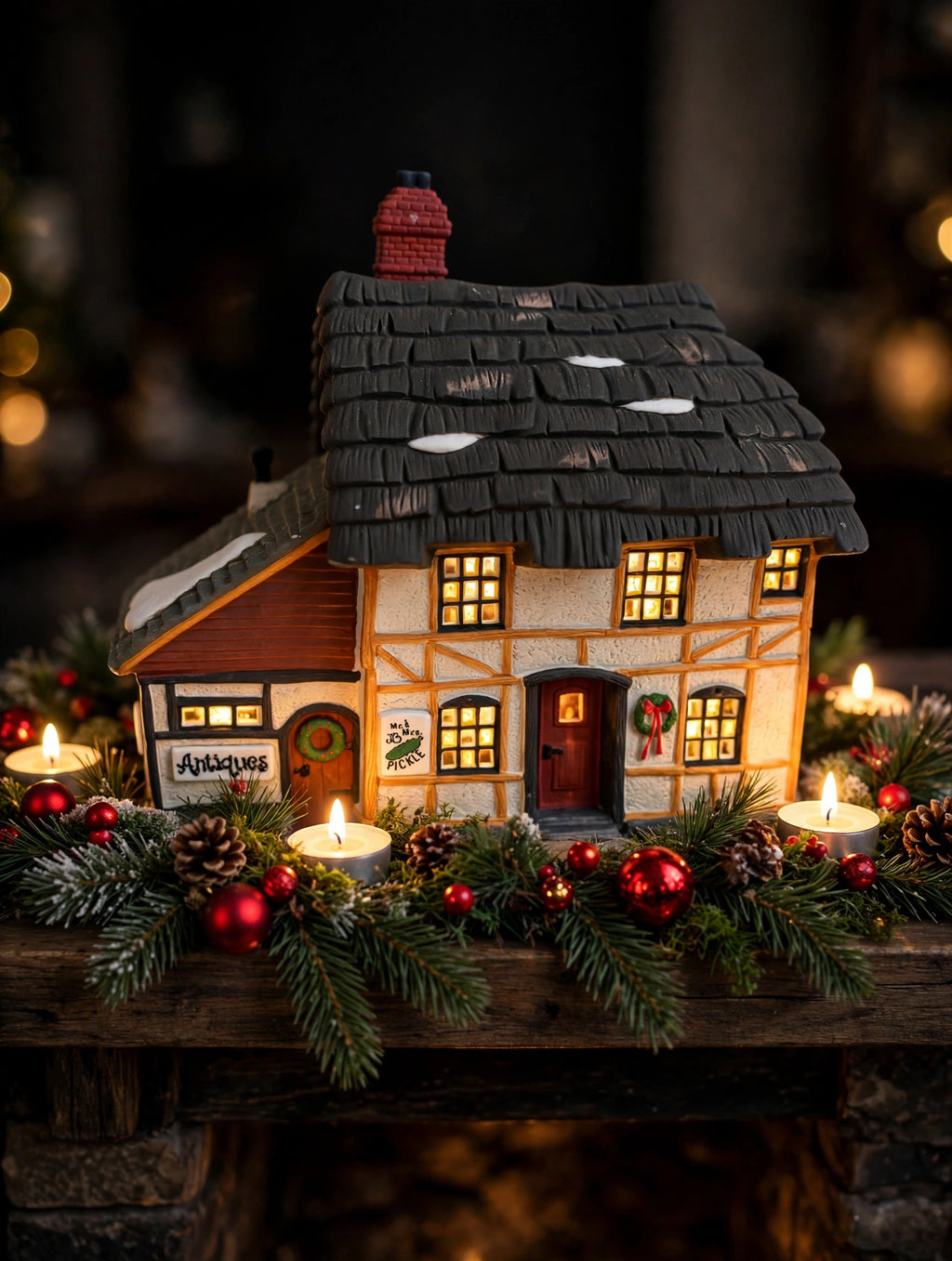 Styled photo - Mr. & Mrs. Pickle Cottage on a fireplace mantel (display inspiration)