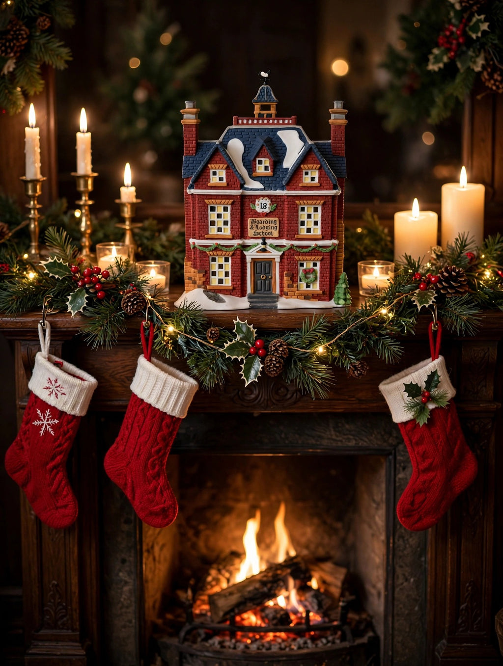 Department 56 Dickens' Village Boarding & Lodging School 1993 #5809-2 – 150th Anniversary of A Christmas Carol Commemorative Edition, No. 18 – styled display inspiration: shown on a Christmas fireplace mantel with garland, stockings and candles