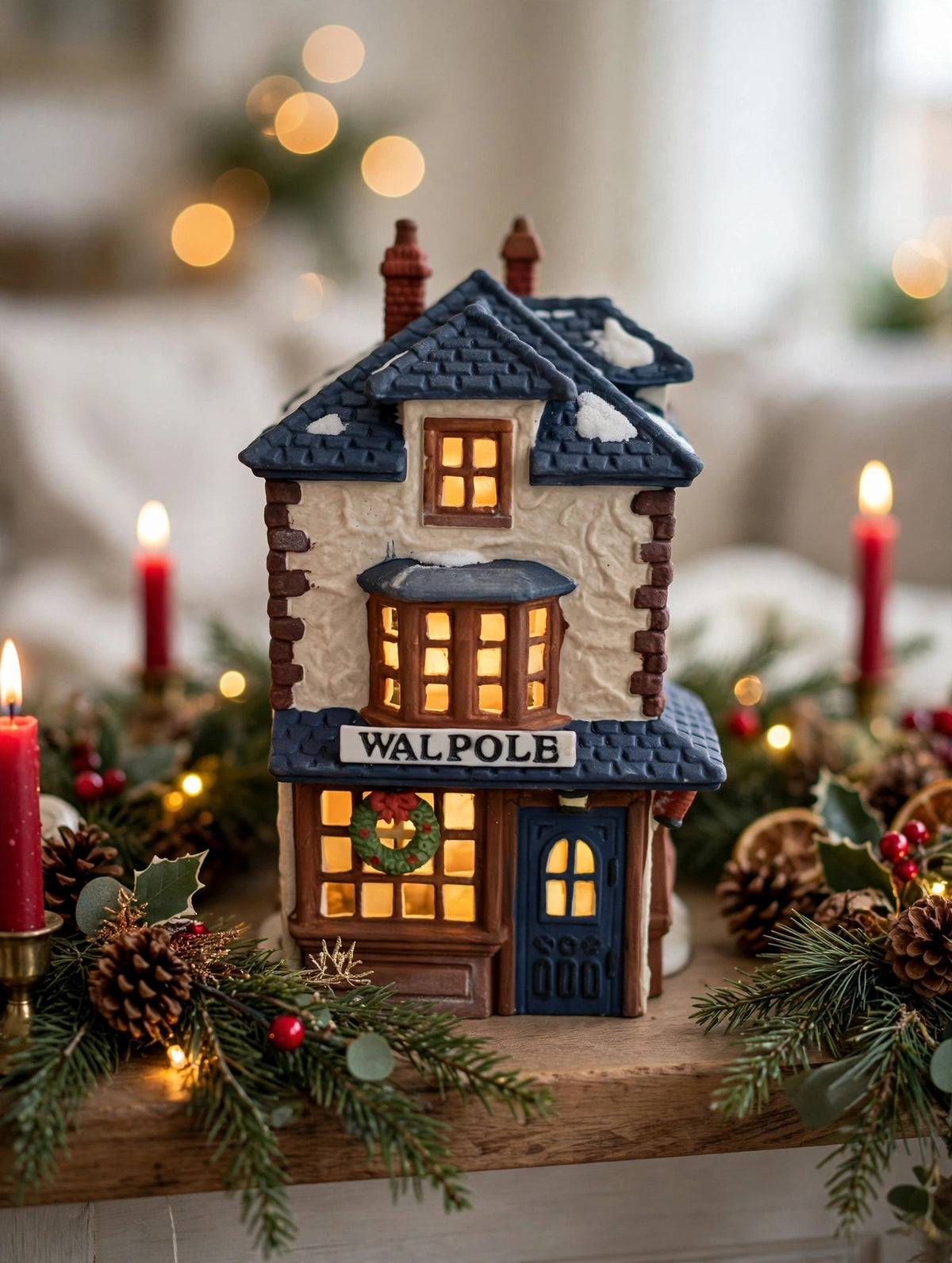 Department 56 Dickens' Village Walpole Tailors #5926-9 — styled scene: lit on a Christmas mantel with garland and red candles (display inspiration)