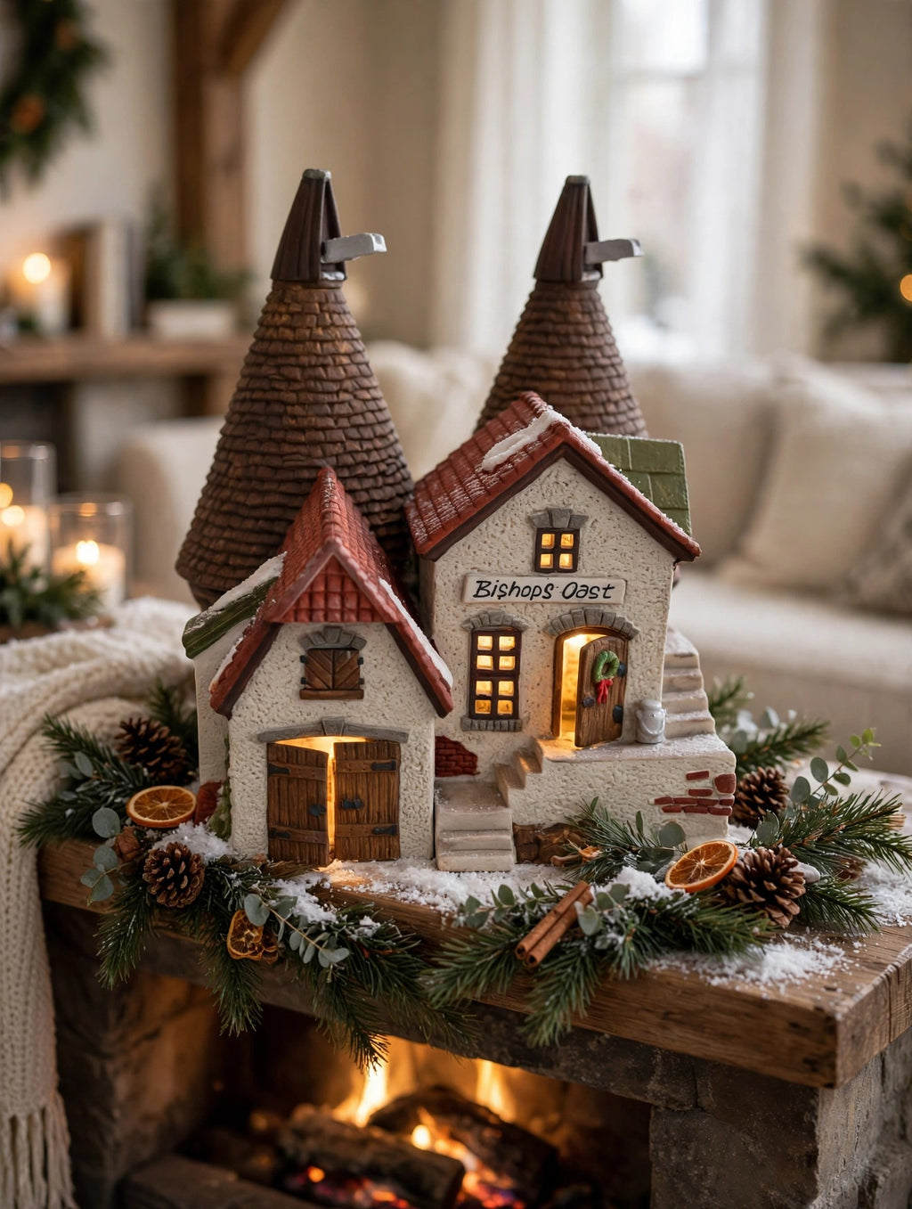 Bishops Oast House in a styled fireplace mantel Christmas display (display inspiration; only the building is included)