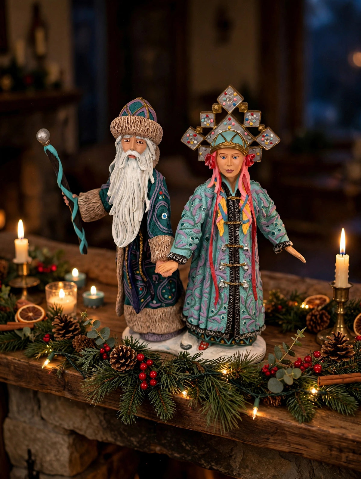 Grandfather Frost & Snowmaiden displayed on a fireplace mantel with Christmas garland and candles - display inspiration