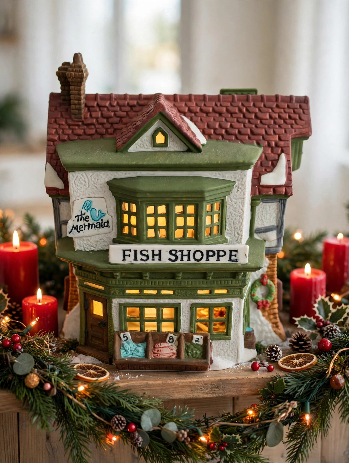 Department 56 Dickens' Village The Mermaid Fish Shoppe #5926-9 — styled scene: lit on a Christmas mantel with garland and red candles (display inspiration)