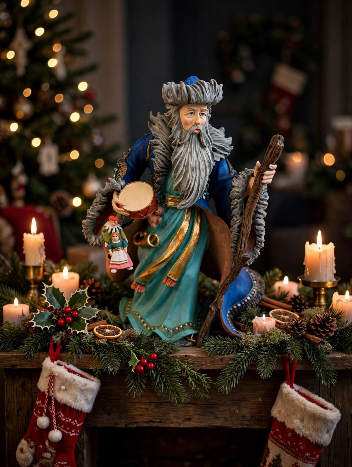 Mongolian Santa displayed on a Christmas fireplace mantel with garland and candles (styled display inspiration)