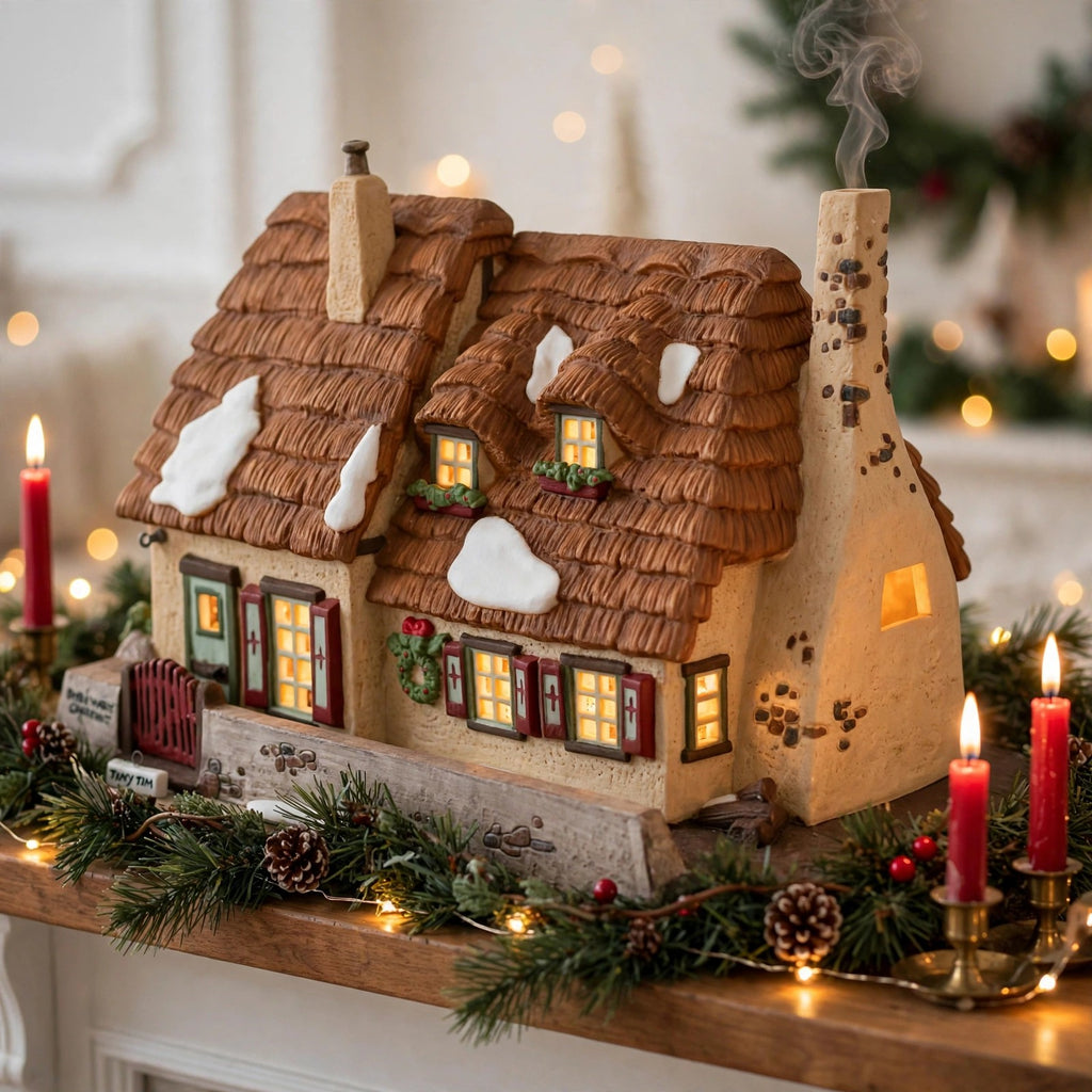 Department 56 Dickens' Village The Christmas Carol Cottage #58339 — styled scene generated from the reference photo: lit on a Christmas mantel with garland and red candles (display inspiration) — shown for visual interpretation only; not the actual item