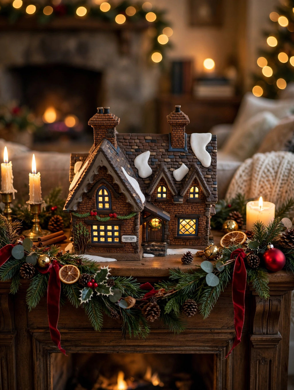 Barmby Moor Cottage in a styled fireplace mantel Christmas display (display inspiration; only the cottage is included)