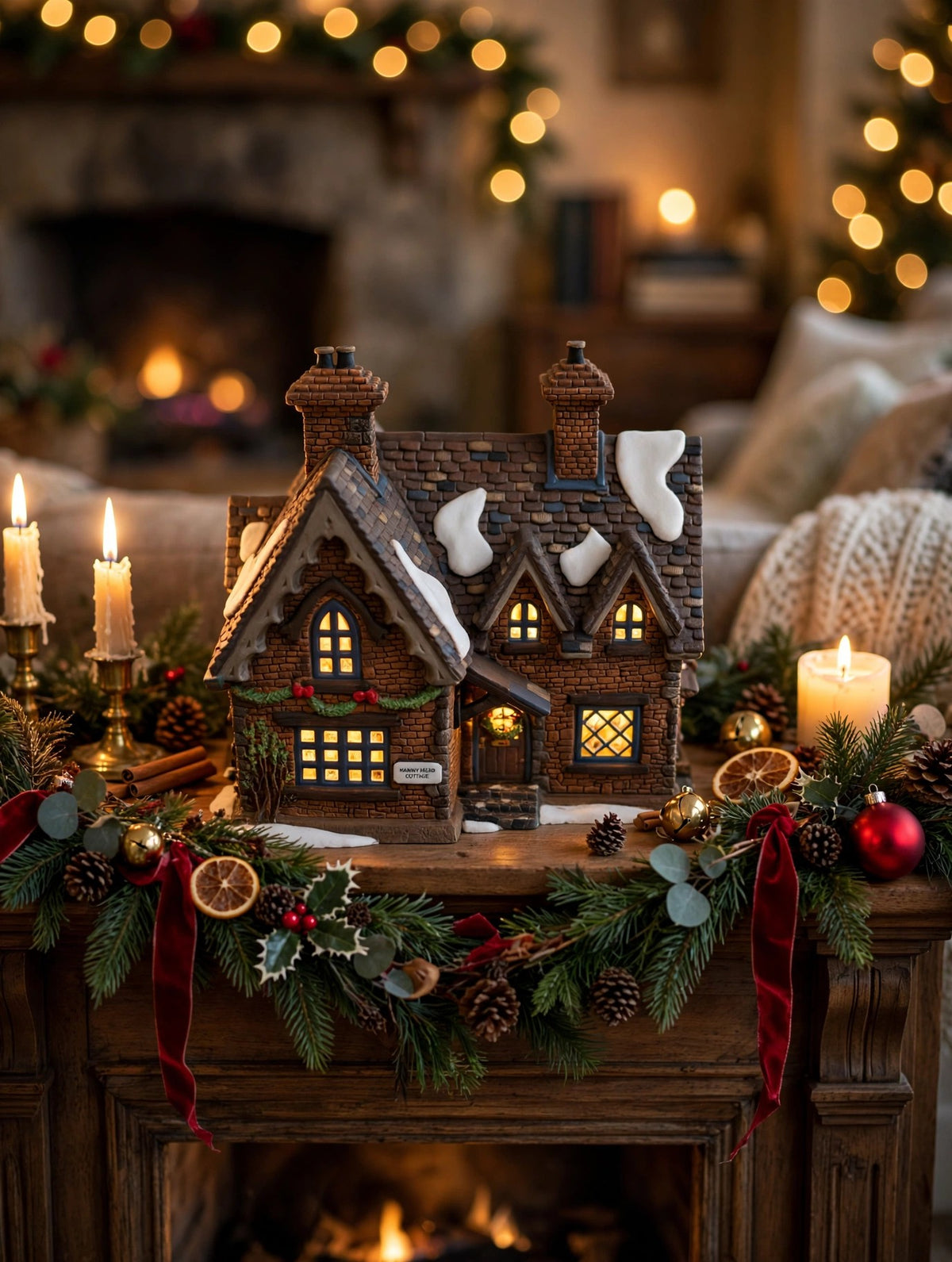 Barmby Moor Cottage in a styled fireplace mantel Christmas display (display inspiration; only the cottage is included)