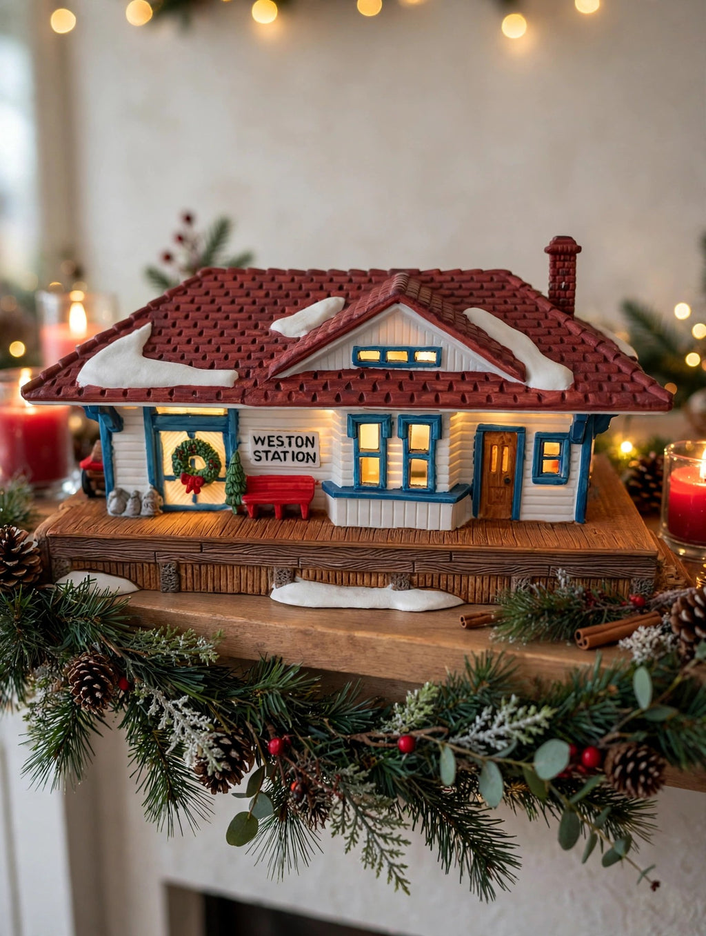 Department 56 New England Village Weston Train Station #5931-5 — styled scene: lit on a Christmas mantel with garland and red candles (display inspiration)