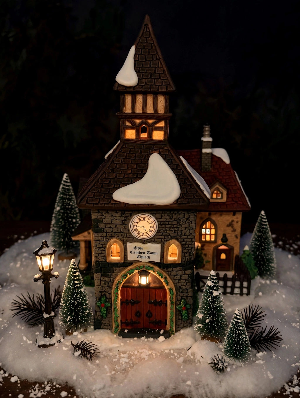 Department 56 Dickens' Village The Olde Camden Town Church 1996 #58346 – styled display inspiration: shown lit at night on a snowy tabletop village display