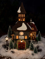 Department 56 Dickens' Village The Olde Camden Town Church 1996 #58346 – styled display inspiration: shown lit at night on a snowy tabletop village display