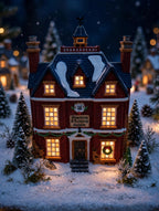 Department 56 Dickens' Village Boarding & Lodging School 1993 #5809-2 – 150th Anniversary of A Christmas Carol Commemorative Edition, No. 18 – styled display inspiration: shown lit at night on a snowy tabletop village display