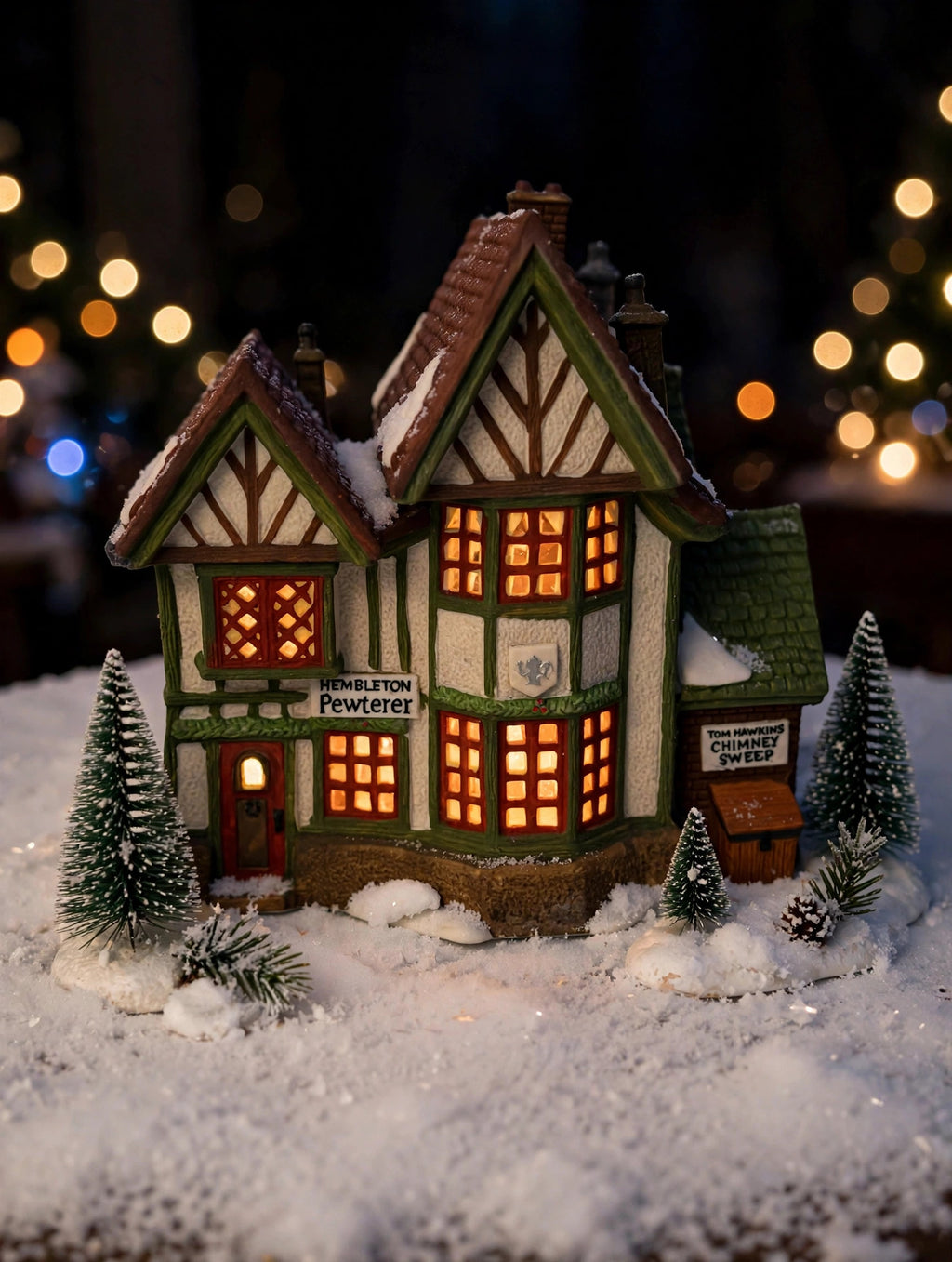 Department 56 Dickens' Village Hembleton Pewterer 1992 #5800-9 – styled display inspiration: shown lit at night on a snowy tabletop village display