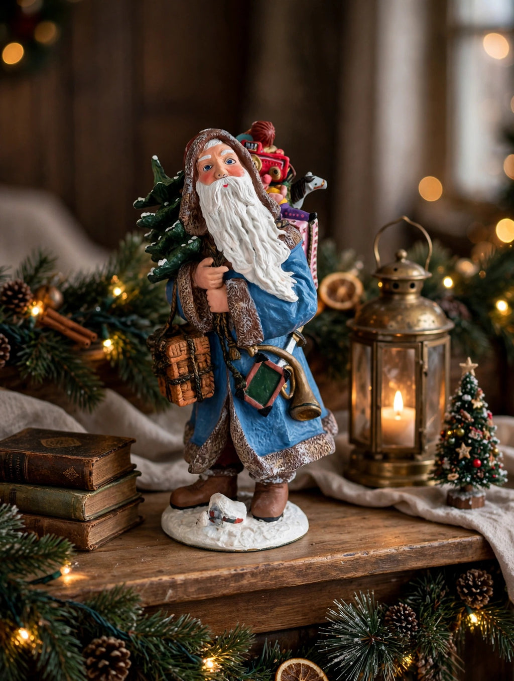 Winter Santa styled on a wooden shelf with a brass lantern, antique books and pine garland — display inspiration