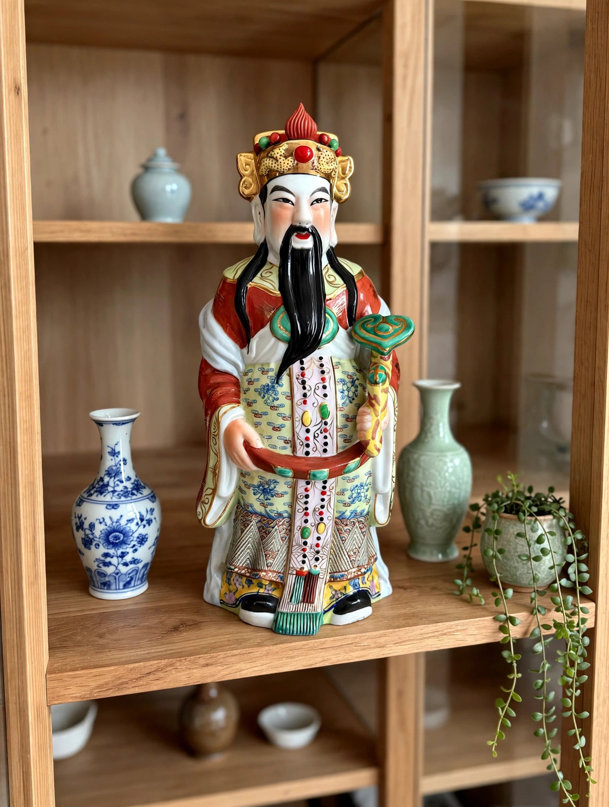 Vintage Chinese porcelain Lu Xing prosperity god statue, Taiwan — styled scene: in a wooden display cabinet with porcelain vases (display inspiration)
