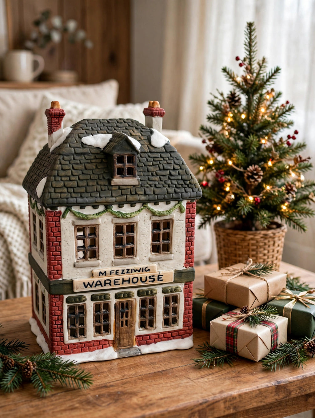 Department 56 M. Fezziwig Warehouse, Dickens' Village, 1986 – shown on a wooden side table beside a small Christmas tree (styled display inspiration)