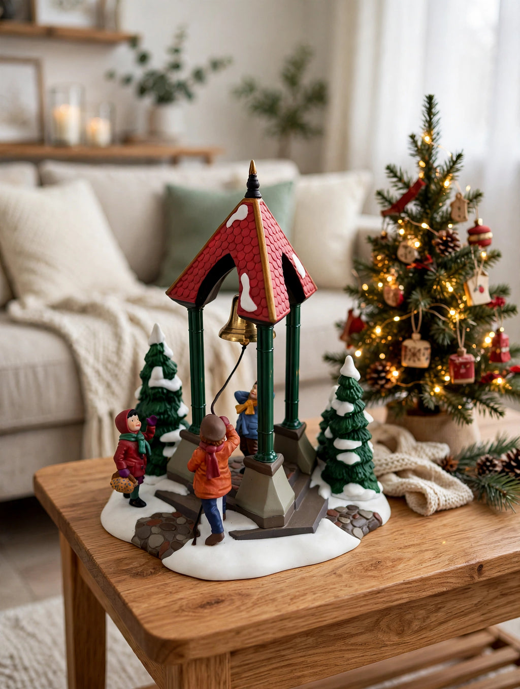 Department 56 Christmas Bells, 1996 Special Event Piece, Heritage Village Collection – shown on a wooden side table beside a small Christmas tree (styled display inspiration)