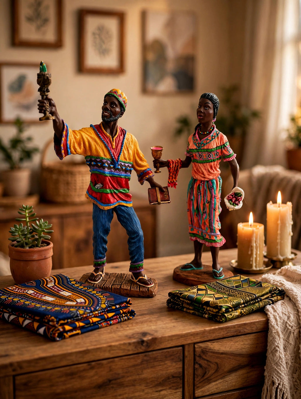 The Kwanzaa pair styled on a wooden sideboard with African-print textiles and candles — display inspiration
