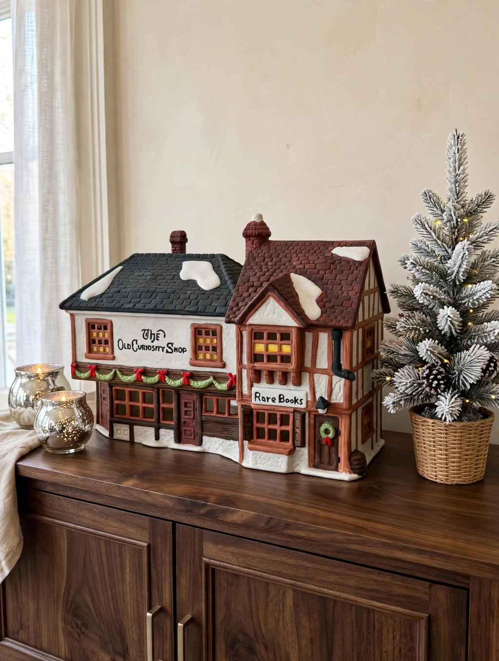 Department 56 Dickens' Village The Old Curiosity Shop #5905-6 — styled Christmas sideboard display (display inspiration)