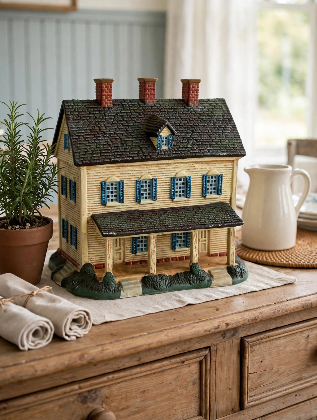 Meadowbrook Farm House styled on a dining room sideboard with rosemary and a ceramic pitcher — display inspiration
