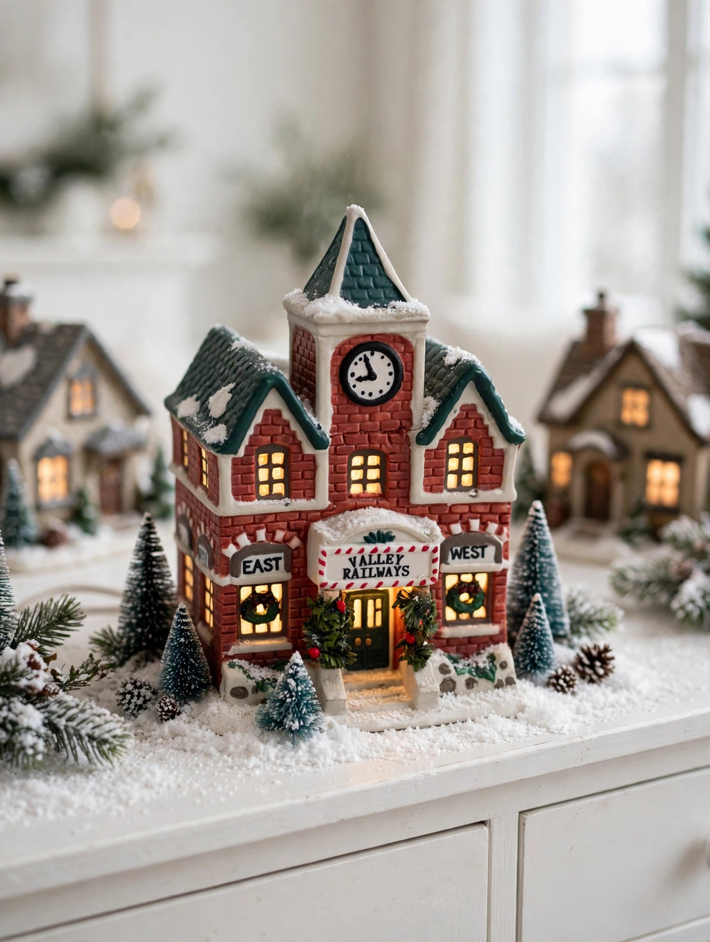Valley Railways station in a Christmas village row on a snowy sideboard — styled scene, display inspiration only (enhanced photo)