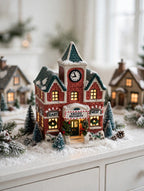 Valley Railways station in a Christmas village row on a snowy sideboard — styled scene, display inspiration only (enhanced photo)