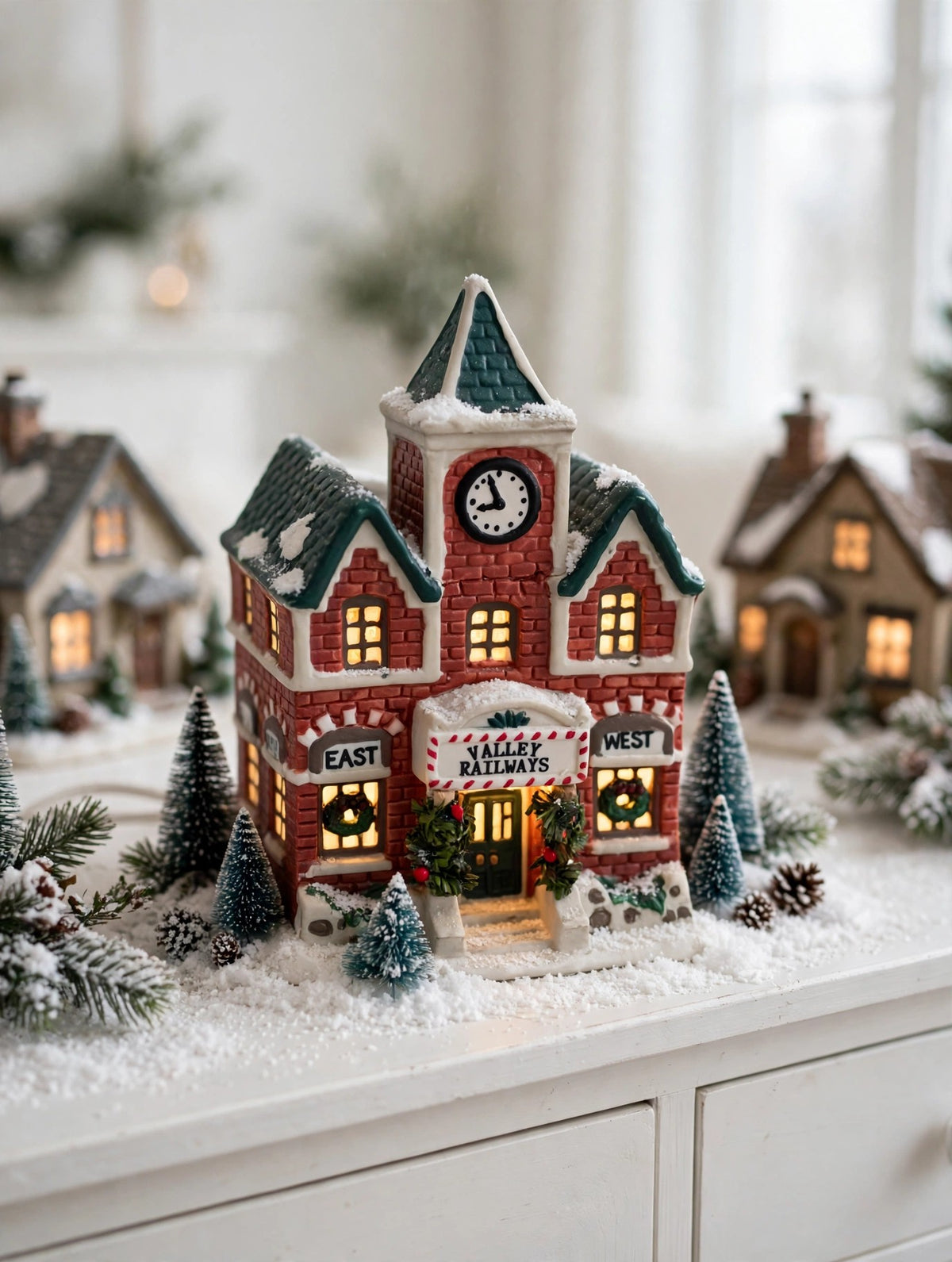 Valley Railways station in a Christmas village row on a snowy sideboard — styled scene, display inspiration only (enhanced photo)