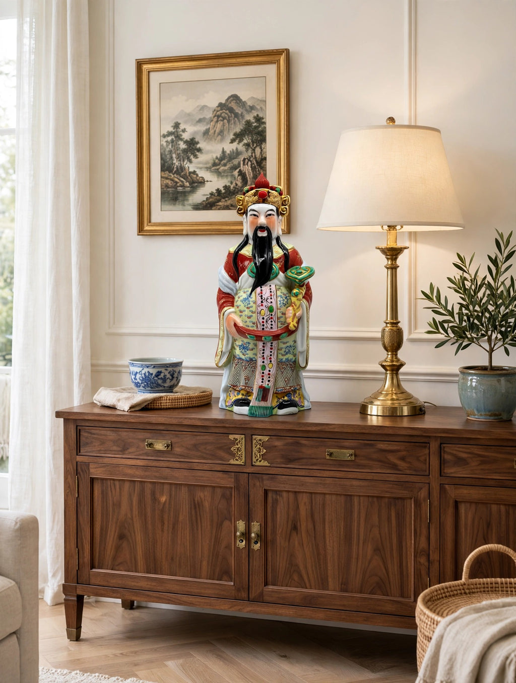 Vintage Chinese porcelain Lu Xing prosperity god statue, Taiwan — styled scene: on a walnut sideboard beside a brass table lamp (display inspiration)