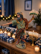 Judah Maccabee displayed on a sideboard with a lit menorah, candles and blue-and-silver gifts - display inspiration
