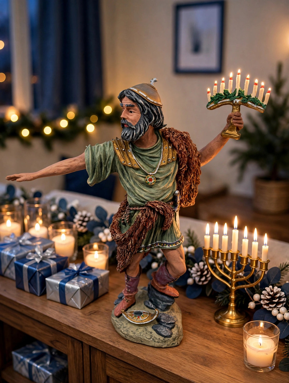 Judah Maccabee displayed on a sideboard with a lit menorah, candles and blue-and-silver gifts - display inspiration