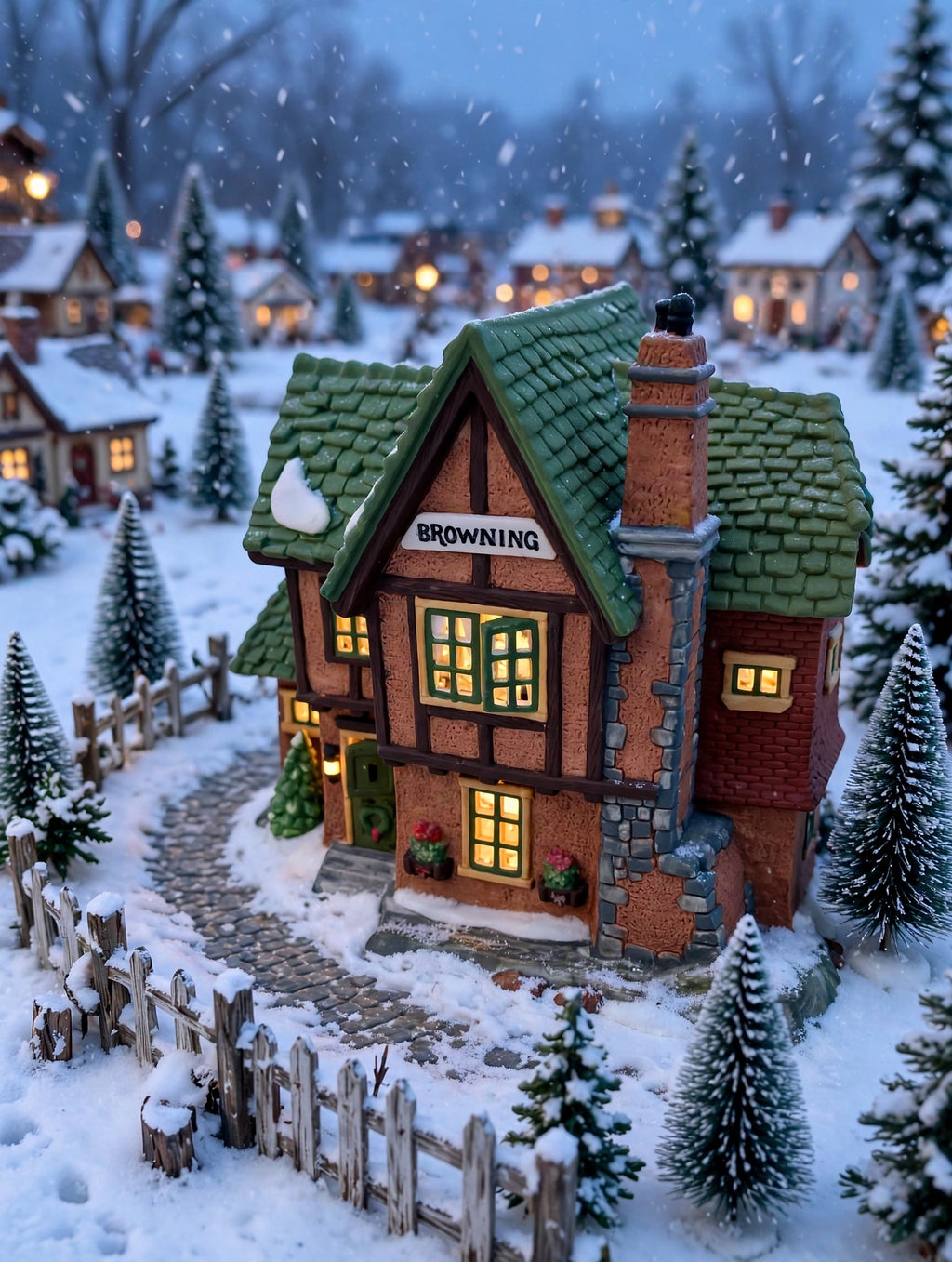 Department 56 Browning Cottage, Dickens' Village, 1994 – shown in a snowy miniature village lane (styled display inspiration)
